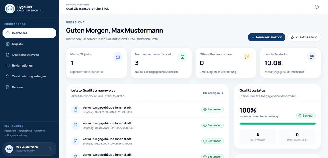 HygaPlus Kundenportal mit Qualitätsstatus, Kontrollen und Qualitätsnachweisen