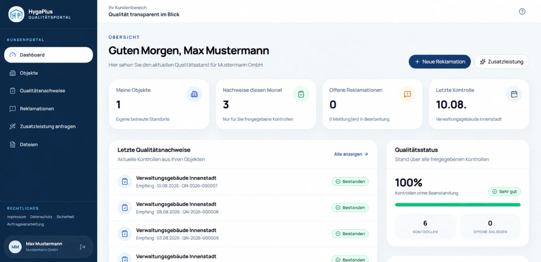 HygaPlus Kundenportal mit Qualitätsstatus, Qualitätsnachweisen und offenen Reklamationen