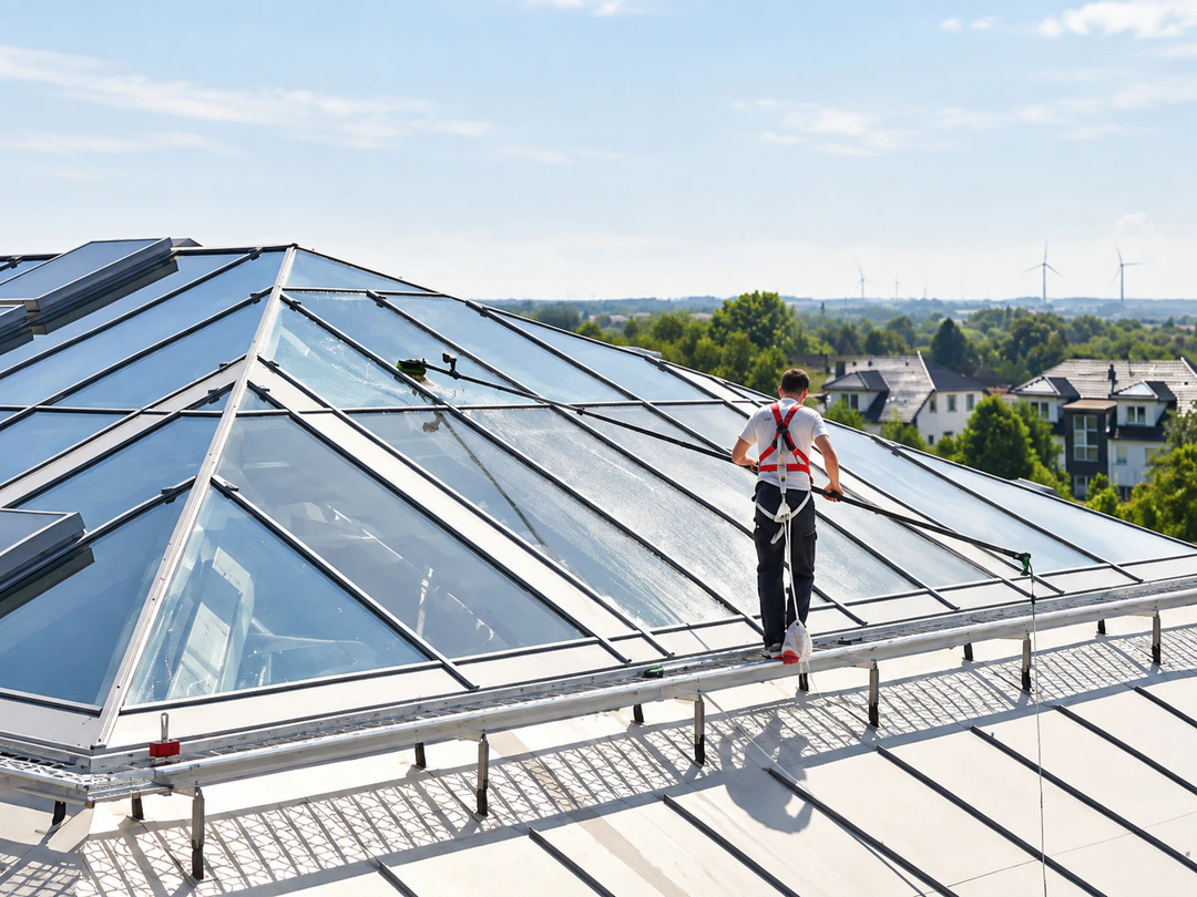 Professionelle Glas- und Rahmenreinigung auf einem großflächigen Glasdach